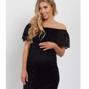 Pinkblush maternity Black Off-Shoulder Lace Midi Dress with Flutter Sleeve